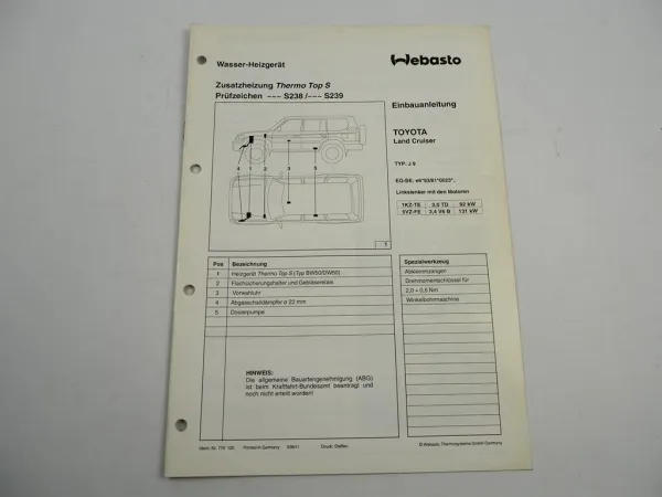 Toyota Land Cruiser J9 Einbauanleitung Webasto Thermo Top S BW/DW50 Heizung 1996