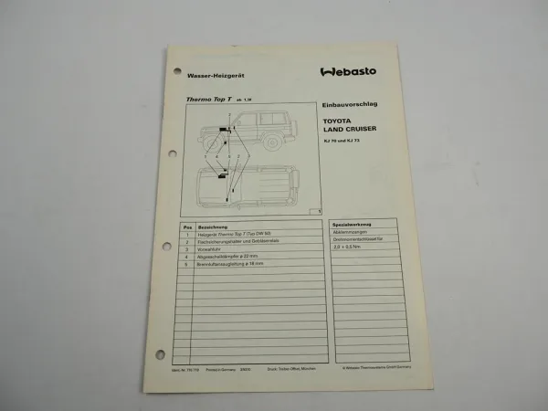 Toyota Land Cruiser KJ 70 73 Einbauanleitung Webasto Thermo Top T DW50 Heizung