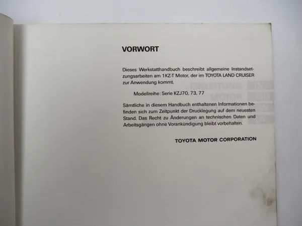 Toyota Landcruiser KZJ70 KZJ73 KZJ77 3.0 l TD Motor 1KZ-T Werkstatthandbuch 1993
