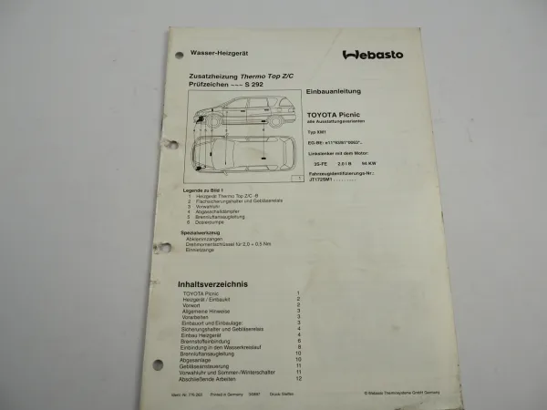 Toyota Picnic XM1 MJ 1997 Einbauanleitung Webasto Thermo Top Z/C-B Heizung 1997