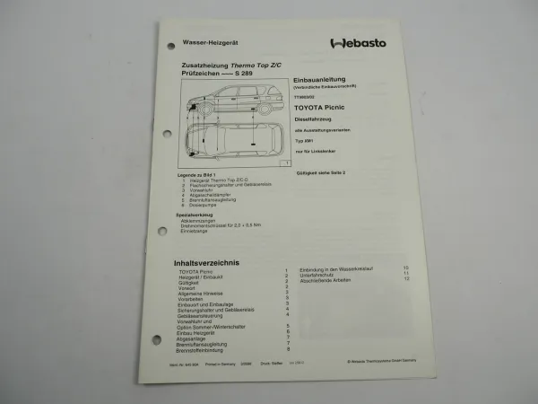 Toyota Picnic XM1 MJ 1997 Einbauanleitung Webasto Thermo Top Z/C-D Heizung 1998