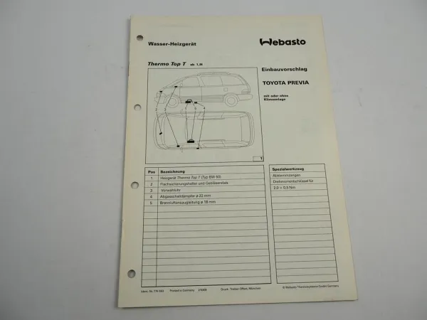 Toyota Previa XR10 20 MJ 93 Einbauanleitung Webasto Thermo Top T BW50 Heizung