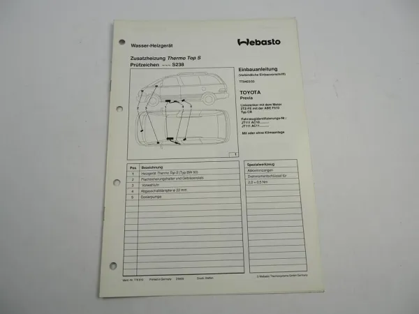 Toyota Previa XR10 20 MJ 94 Einbauanleitung Webasto Thermo Top S BW50 Heizung