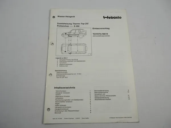 Toyota RAV4 EV MJ 1997 Einbauanleitung Webasto Thermo Top Z C Benzin Heizung