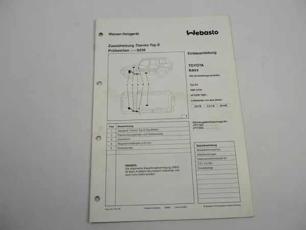 Toyota RAV4 XA MJ 1996 Einbauanleitung Webasto Thermo Top S BW50 Heizung