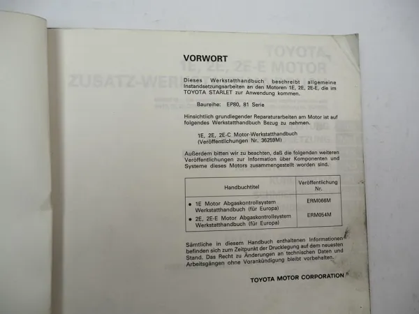 Toyota Starlet EP80 EP81 Motor 1E 2E 2E-E 1989 Werkstatthandbuch
