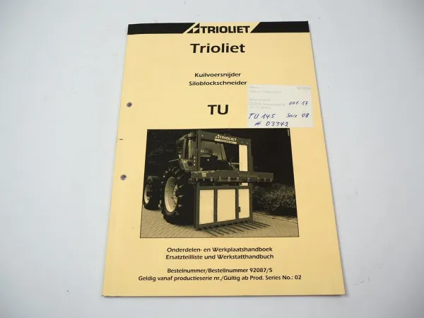 Trioliet TU 115 - 195 Siloblockschneider Werkstatthandbuch Ersatzteilliste 2014