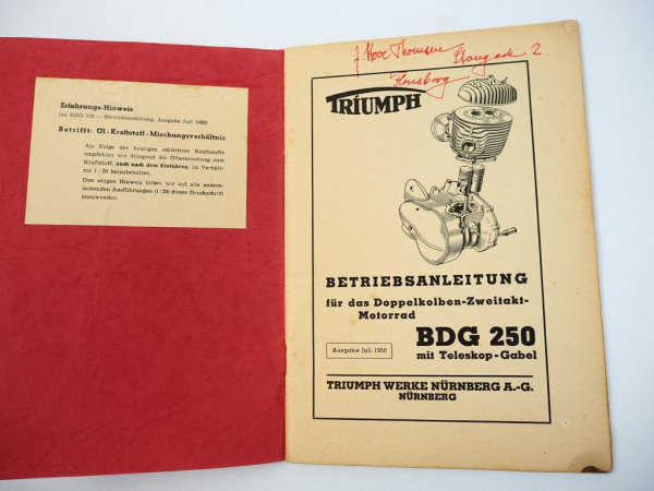Triumph BDG 250 Motorrad Betriebsanleitung Bedienunganleitung 1950