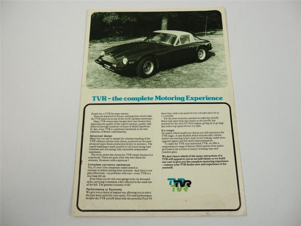 TVR 3000M 1600M Car Prospekt Brochure Blackpool England 1970er Jahre