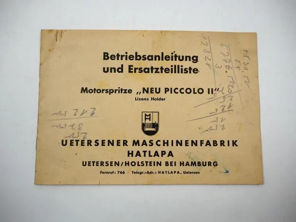 Uetersen Neu Piccolo II Motorspritze Betriebsanleitung Ersatzteilliste 1947