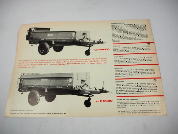 Unsinn Record R 4200 5000 5000/75 6000 Düngerstreuer Prospekt Techn. Daten 70er
