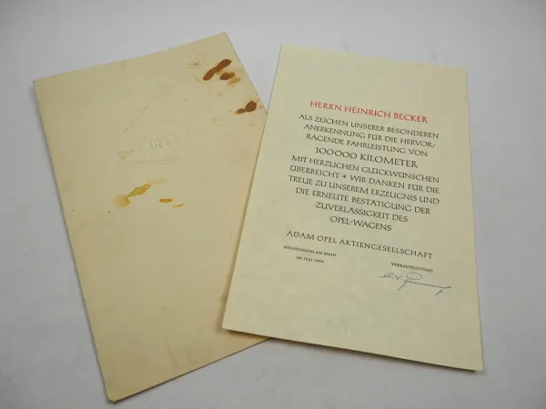 Urkunde 1954 Adam Opel AG Anerkennung für 100.000 km im Opelwagen