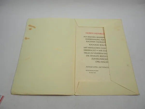 Urkunde 1954 Adam Opel AG Anerkennung für 100.000 km im Opelwagen