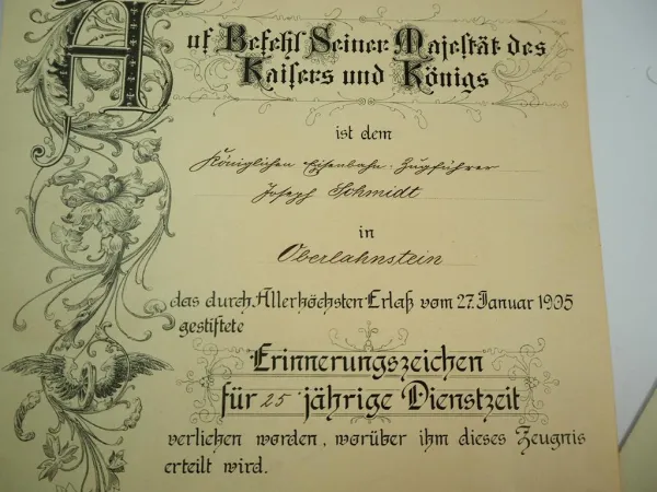 Urkunde 25 J Dienstzeit Erinnerungszeichen Eisenbahn & Bestallung Zugführer 1913 Oberlahnstein
