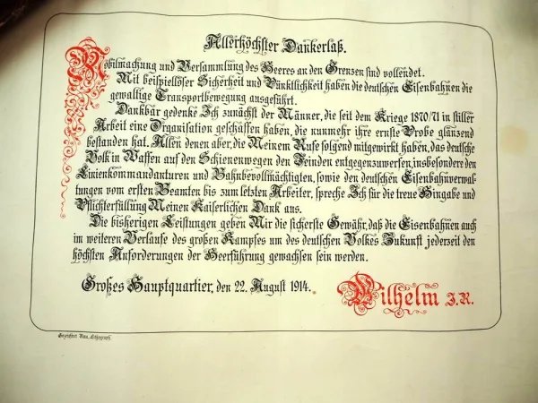Urkunde Dankerlass Wilhelm II. an Eisenbahner WK1 Mobilmachung 1914 in Papphülse
