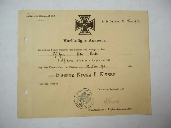 Urkunde Eisernes Kreuz EK2 1918 2. MG Komp. Infanterie Regiment 359