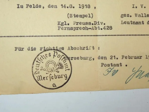 Urkunde EK2 Telegraphen Fernsprech Abteilung 428 WK1 Stempel Postamt Merseburg