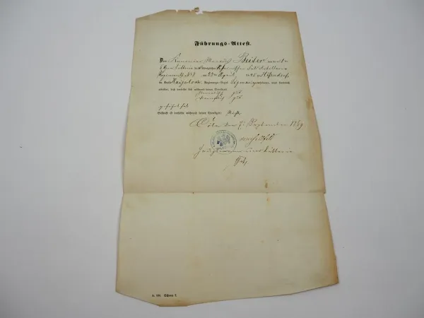 Urkunde Führungsattest 1869 Kanonier Rheinisches Feldartillerie Rgt.8 Cölln