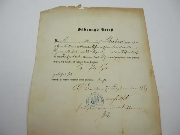 Urkunde Führungsattest 1869 Kanonier Rheinisches Feldartillerie Rgt.8 Cölln