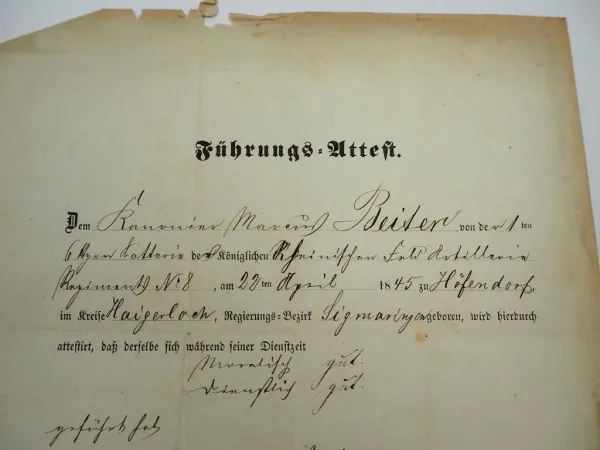 Urkunde Führungsattest 1869 Kanonier Rheinisches Feldartillerie Rgt.8 Cölln