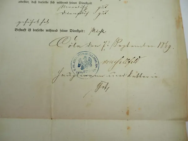 Urkunde Führungsattest 1869 Kanonier Rheinisches Feldartillerie Rgt.8 Cölln