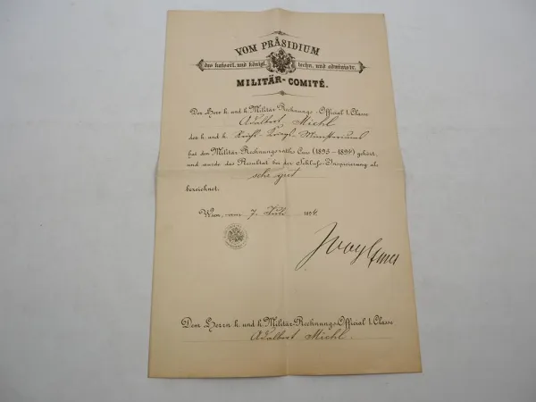 Urkunde Österreich K.u.K. Kriegsministerium 1894 Rechnungs Official 1. Classe