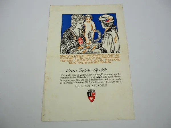 Urkunde Stadt Neukölln Berlin Unterbringung von Schulkindern Kriegs-Sommer 1917