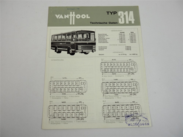 Van Hool 314 Omnibus Reisebus Technische Daten Prospekt ca. 1966