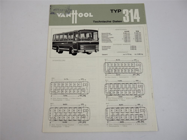 Van Hool 314 Omnibus Reisebus Technische Daten Prospekt ca. 1966