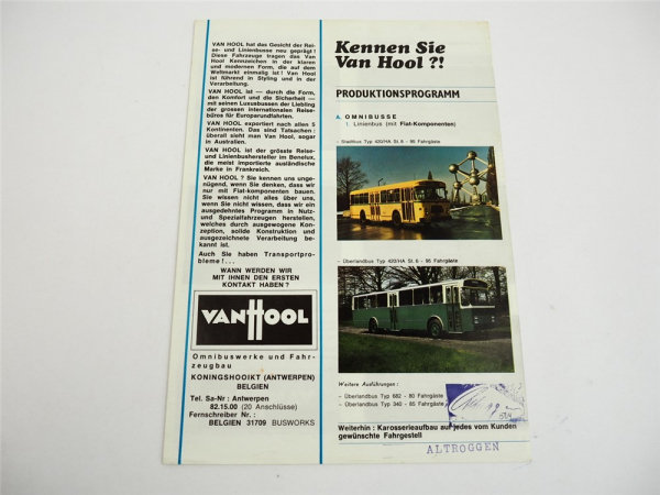 Van Hool Omnibus Linienbus Reisebus Sattelauflieger Prospekt 1969
