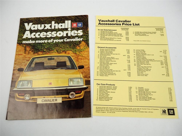 Vauxhall Cavalier Accessories Prospekt Brochure Price List 1976