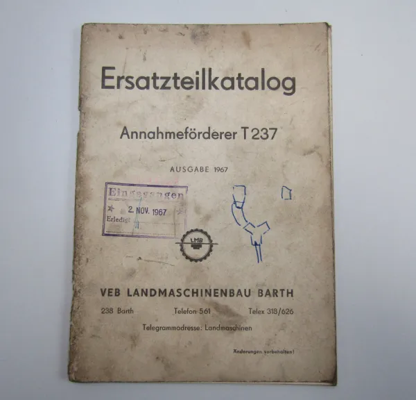 VEB Landmaschinenbau Barth T237 Annahmeförderer Ersatzteilliste 1967