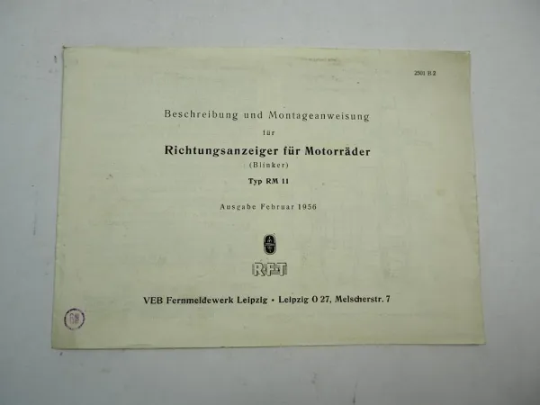 VEB RFT Fernmeldewerk Leipzig RM11 Blinker f. Motorrad Montageanleitung 1956 DDR