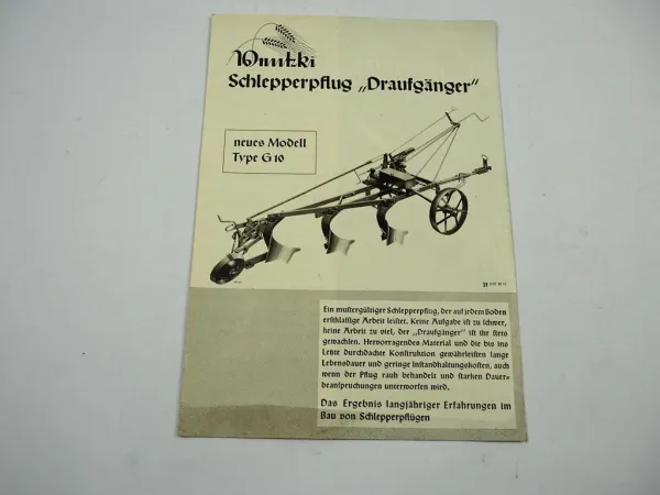 Ventzki G10 Draufgänger Schlepper Pflug Prospekt Preisliste 1937 Eislingen Württ.