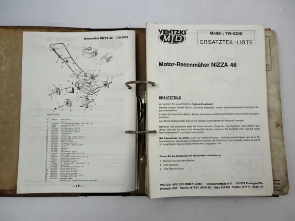 Ventzki MTD Motormäher Gartengeräte Schneefräsen Ersatzteilliste ca. 1991/92