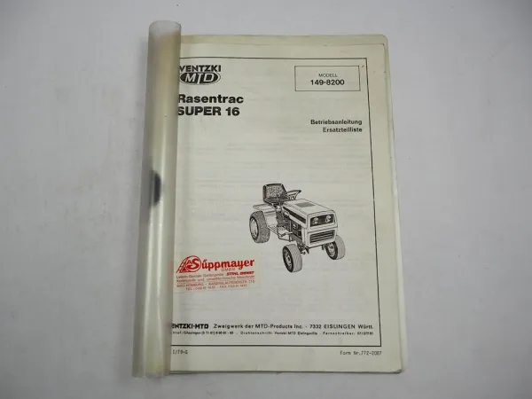 Ventzki MTD Rasentrac Super 16 Modell 149-8200 Betriebsanleitung Ersatzteilliste
