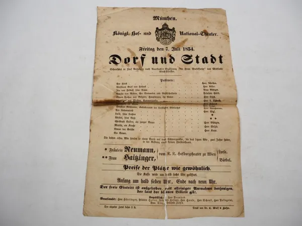 Veranstaltungsblatt Königliches Hof- und Nationaltheater München 1854