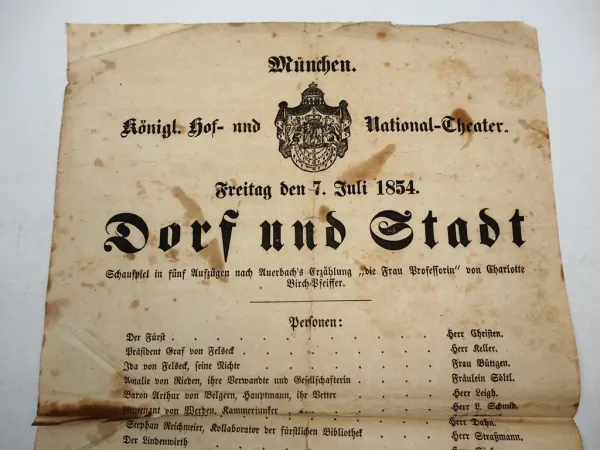 Veranstaltungsblatt Königliches Hof- und Nationaltheater München 1854
