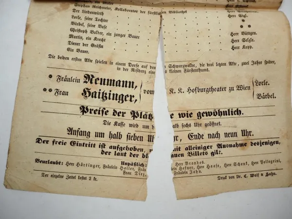 Veranstaltungsblatt Königliches Hof- und Nationaltheater München 1854