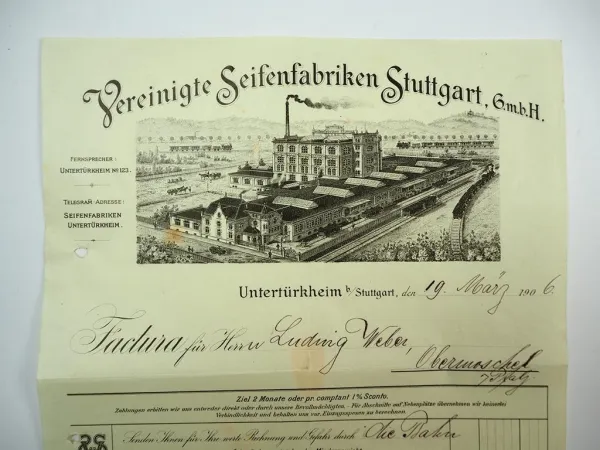 Vereinigte Seifenfabriken Stuttgart GmbH Untertürkheim Rechnung 1906