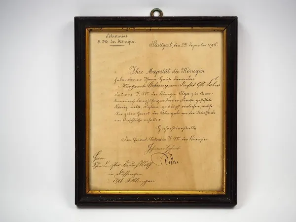 Verleihungsurkunde Württemberg Ehrenkreuz weibl. Dienstboten Königin Olga 1896