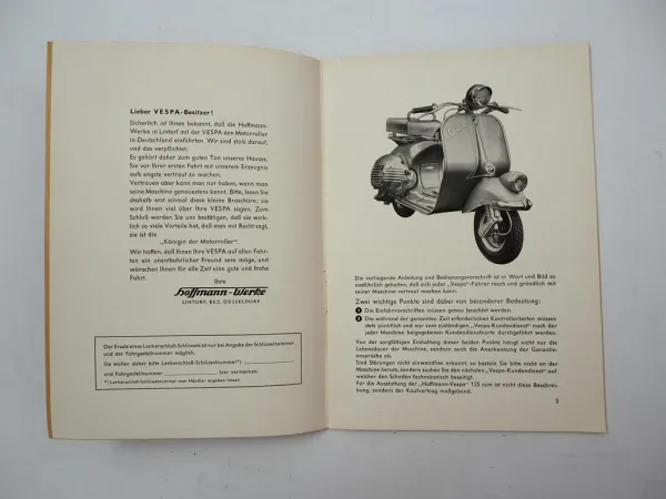 Vespa 125 Modell 1954 Hoffmann Werke Betriebsanleitung Bedienungsanleitung