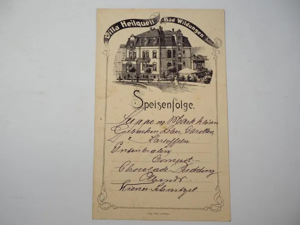 Villa Heilquell Bad Wildungen Hufelandstrasse 15 Speisefolge um 1900 Speisekarte