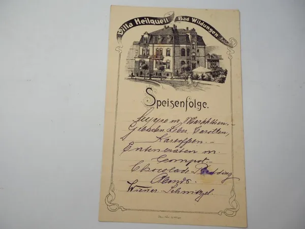 Villa Heilquell Bad Wildungen Hufelandstrasse 15 Speisefolge um 1900 Speisekarte