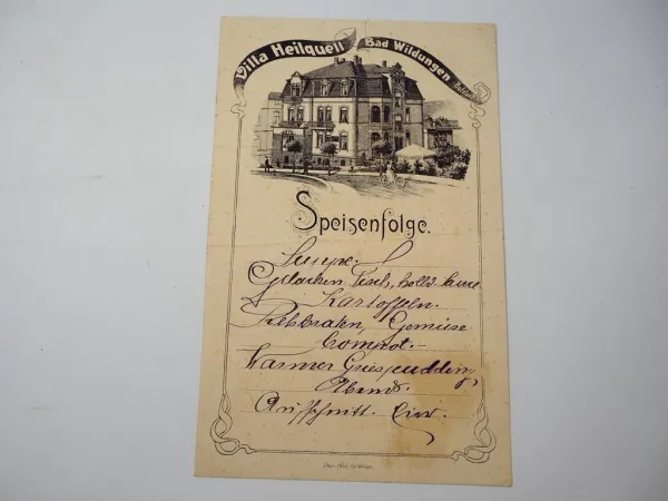 Villa Heilquell Bad Wildungen Hufelandstrasse 15 Speisefolge um 1900 Speisekarte