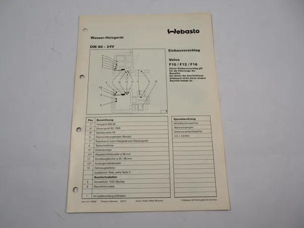 Volvo LKW F10 F12 F16 Einbauanleitung Webasto DW 80 - 24V Heizung