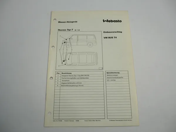 VW Bus T4 2,4l D Typ 7D Einbauanleitung Webasto Top T BW50/DW50 Heizung 1993