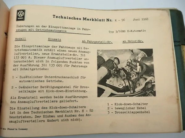 VW Dienst Technische Merkblätter 1966 - 1968 VW Käfer Transporter T2