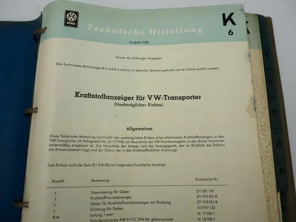 VW Dienst Technische Mitteilungen 1958-66 Käfer Transporter T1 Karmann Ghia