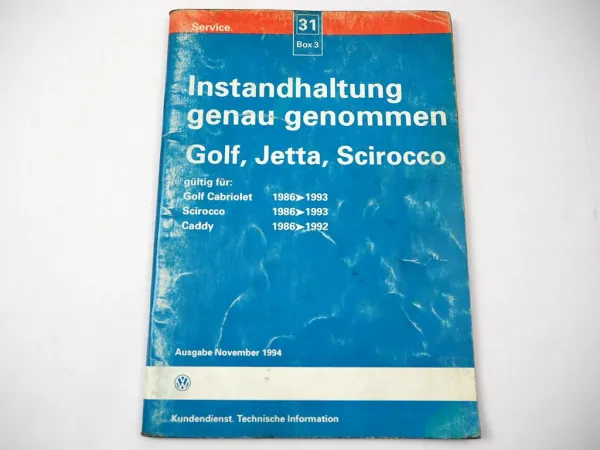 VW Golf 2 Cabriolet Scirocco Caddy ab 86 Instandhaltung DX EX JH JK KR PL RE 2H